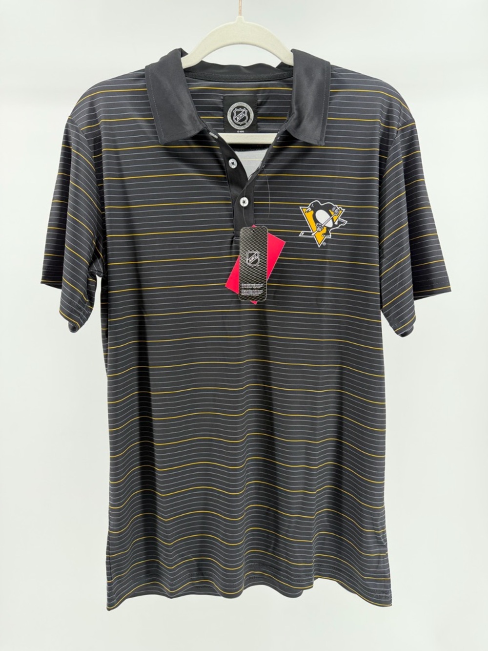 NWT Pittsburgh Penguins NHL Black Gold Striped SS Polo Top, Men's Medium